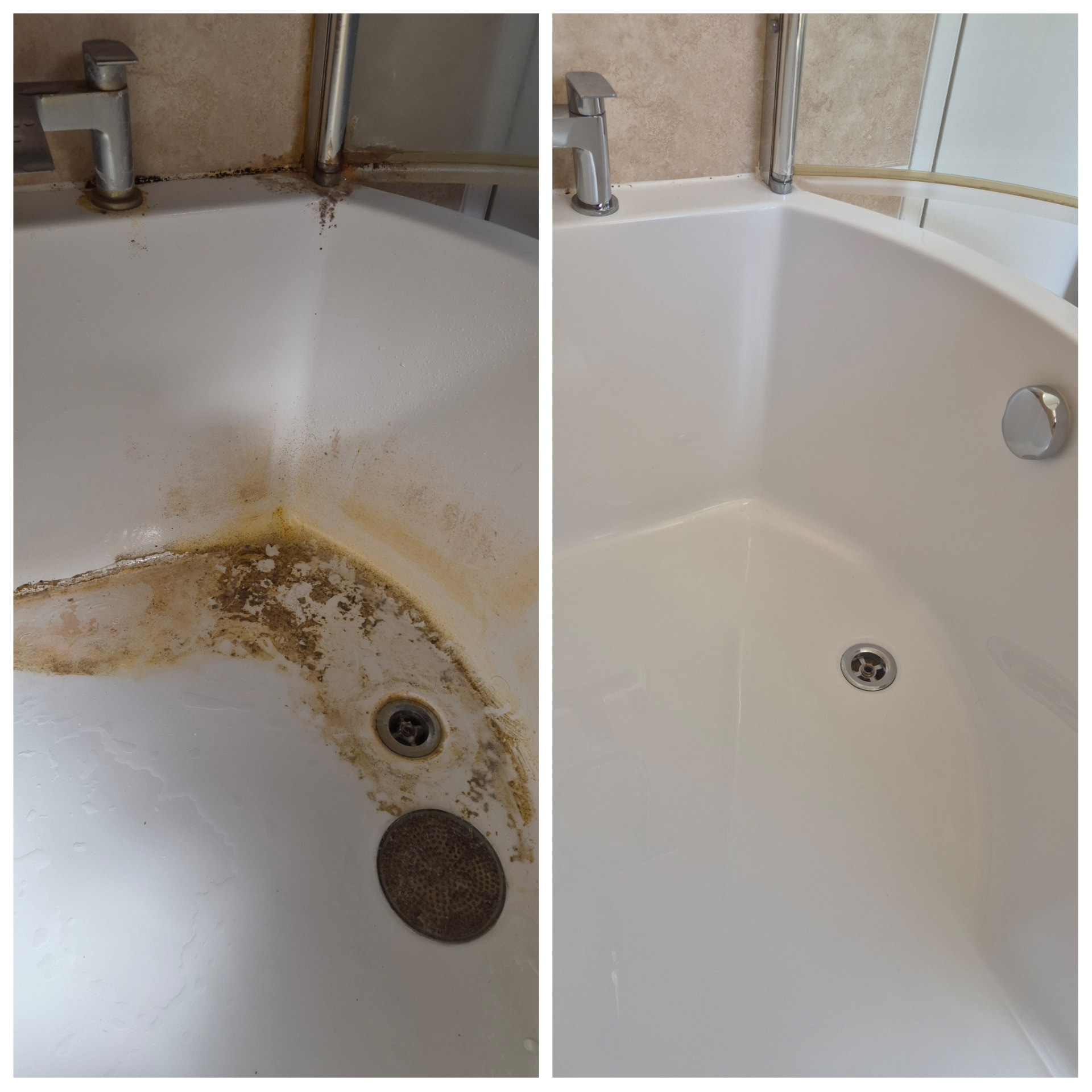 Before and after deep clean of a bath and shower seal