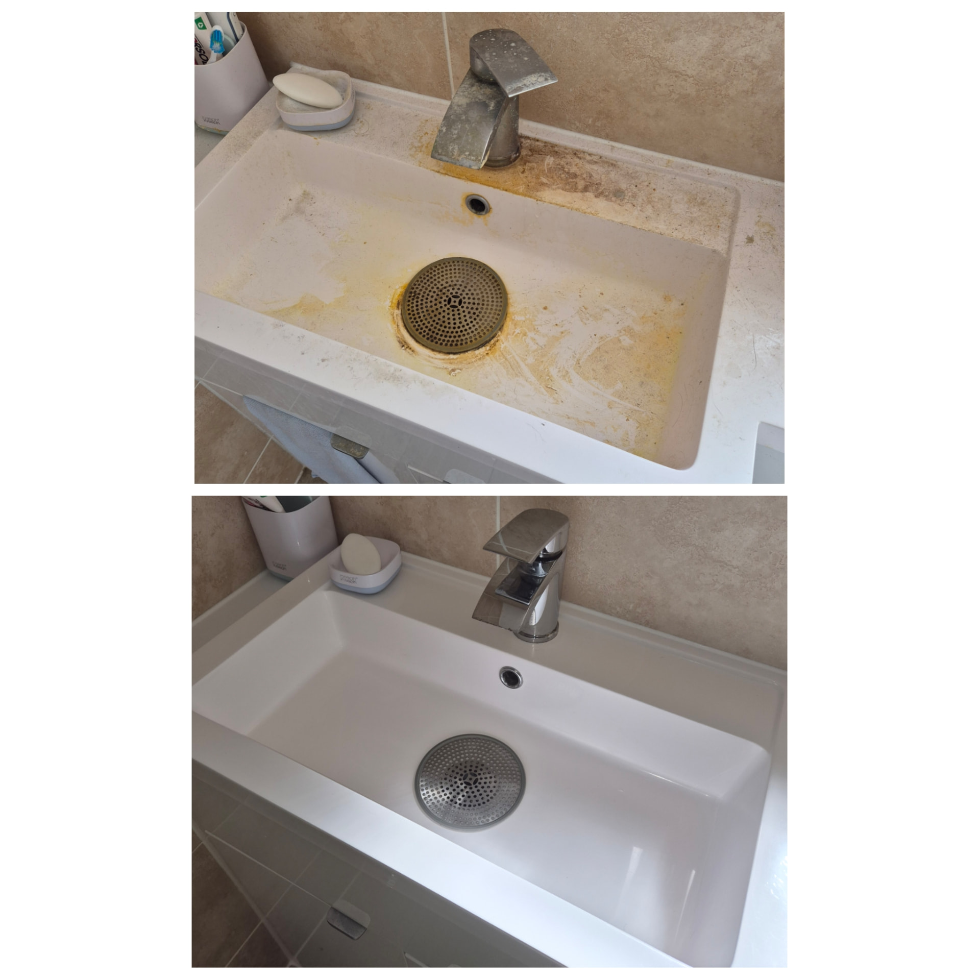 Before and after deep clean of a bathroom basin and tap