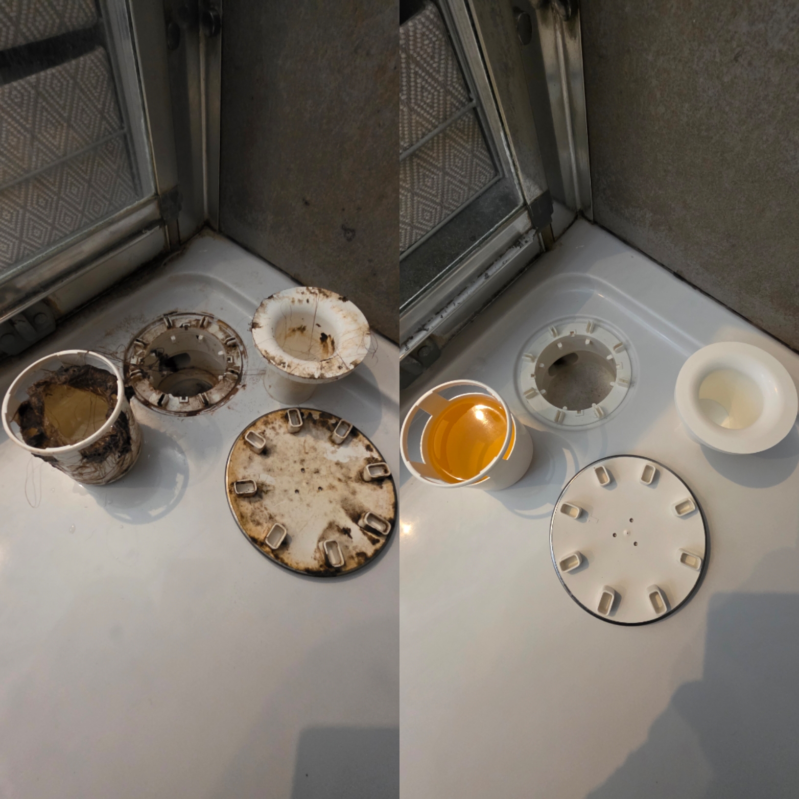 Before and after deep clean of a shower waste and tray fittings