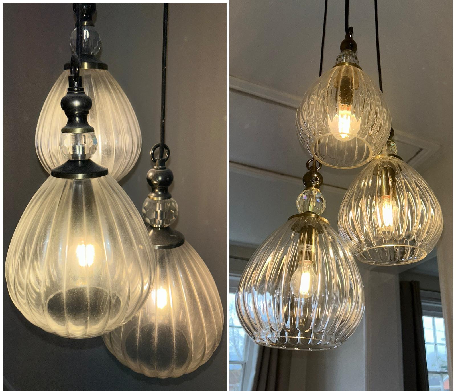 Before and after clean of glass pendant lights