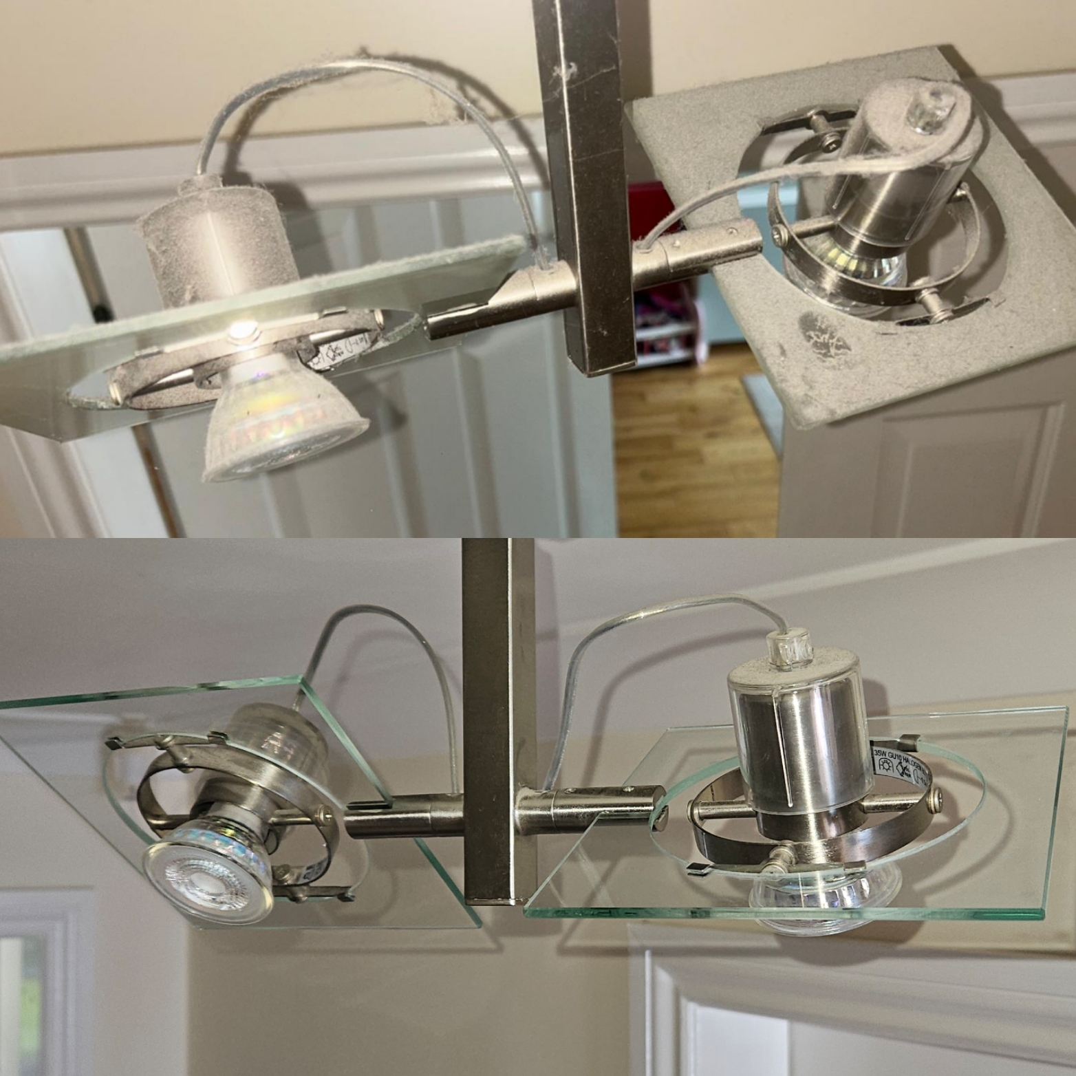 Before and after detailed clean of ceiling light fittings